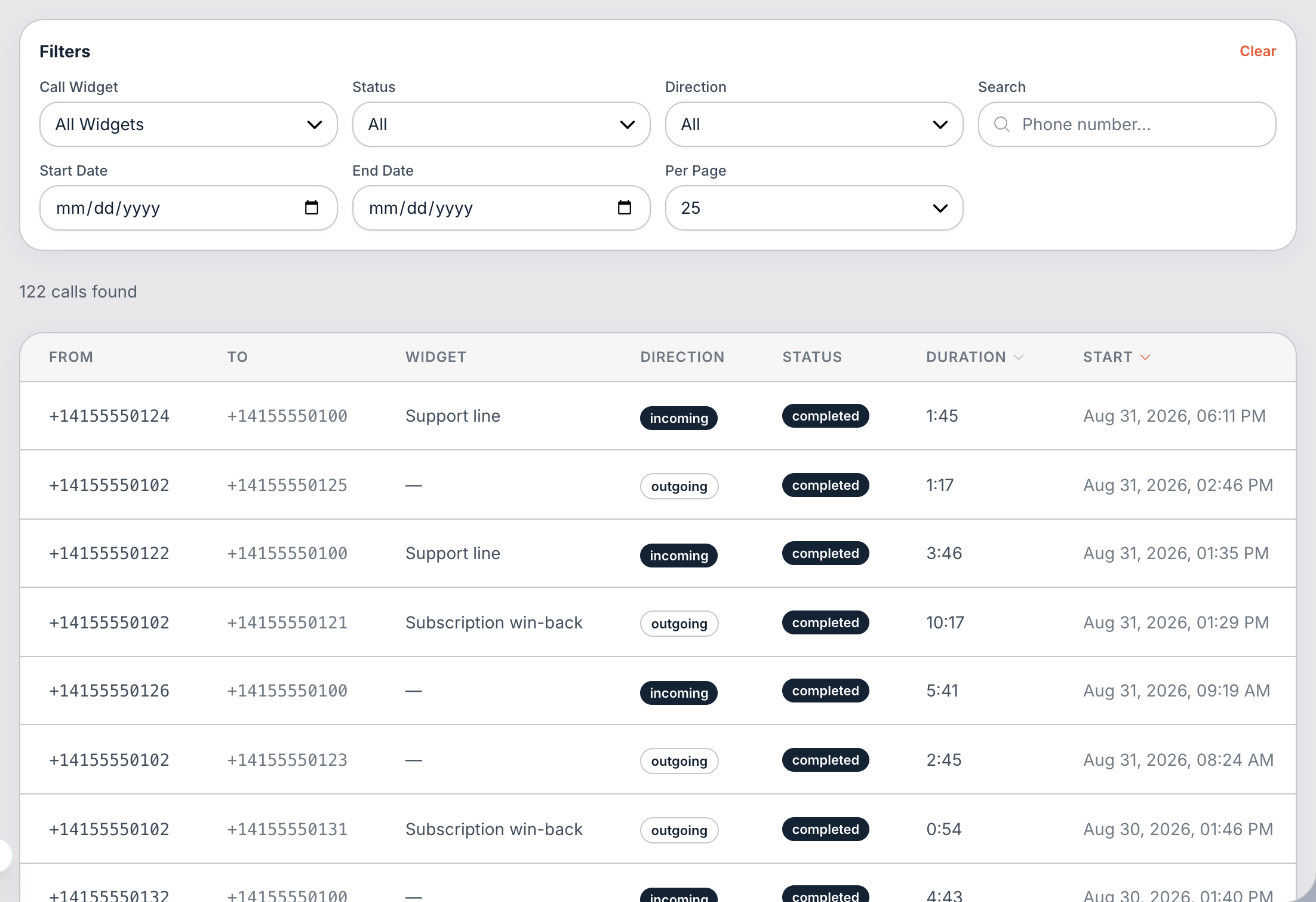 Call Logs with its filters.