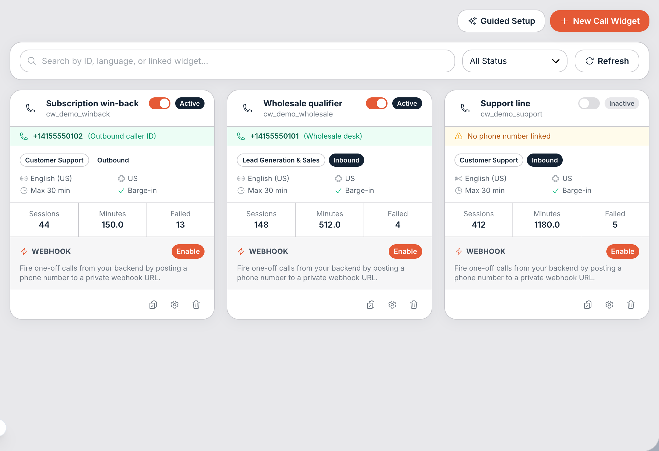 The Call Widgets page.