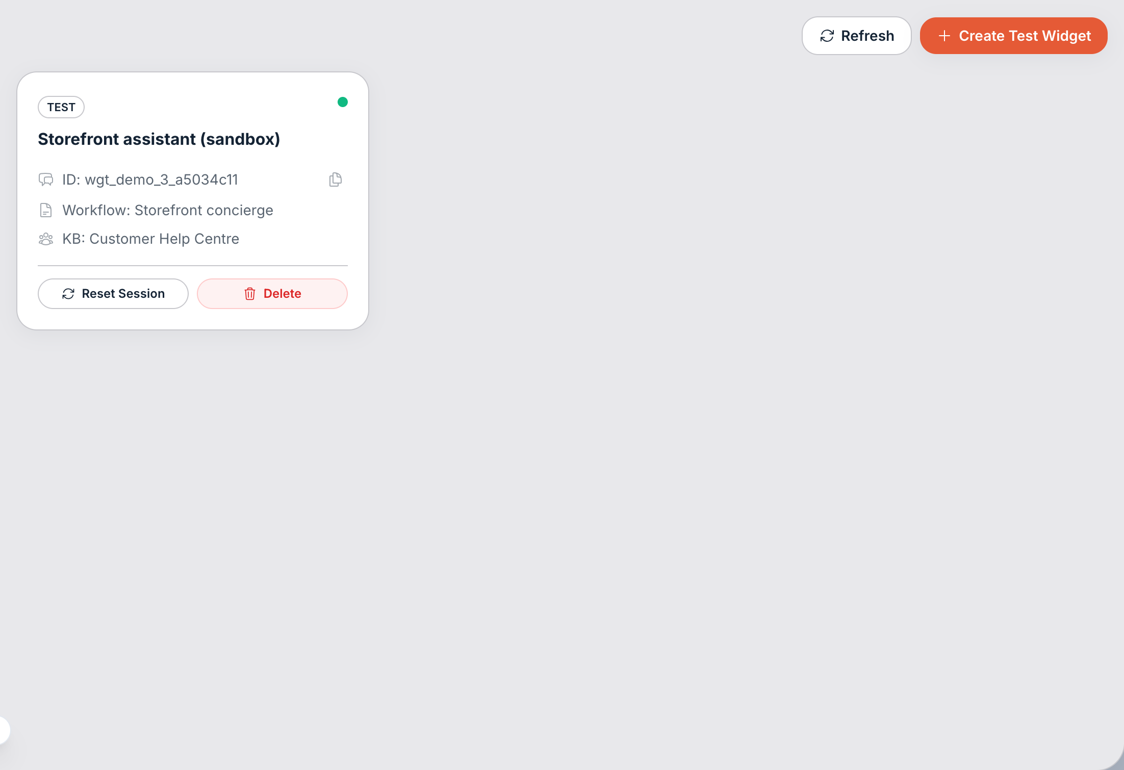 Test Widgets. A sandbox clone of a live widget, so experiments never touch real traffic.
