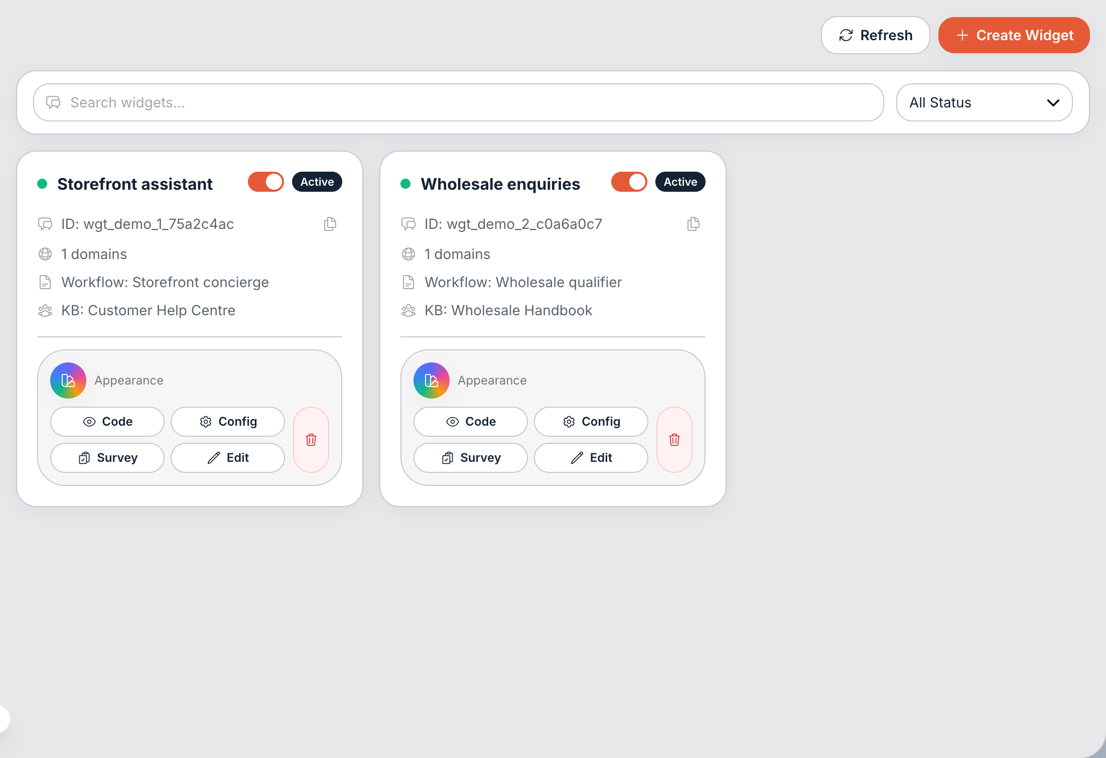 The Widgets page. Each card carries Appearance, Code, Config, Survey, and Edit.