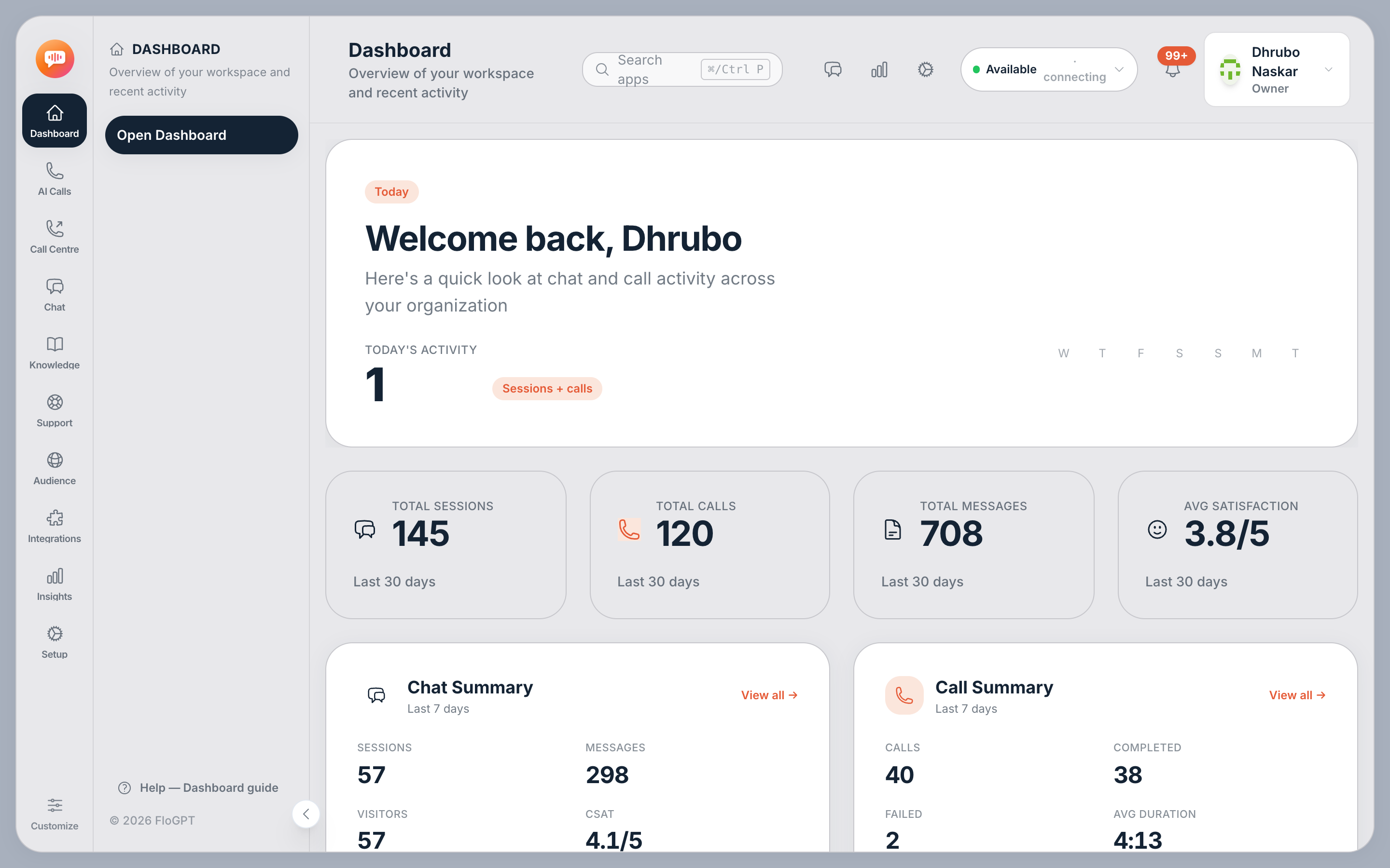 The Dashboard. The four tiles cover 30 days; the summaries below cover 7.