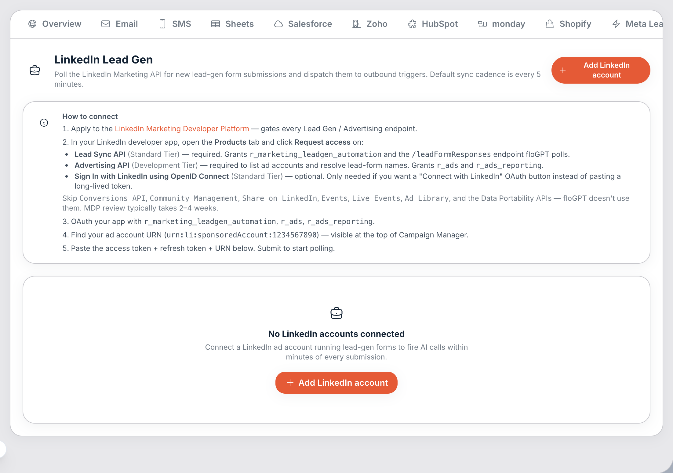 Integrations → LinkedIn Lead Gen.