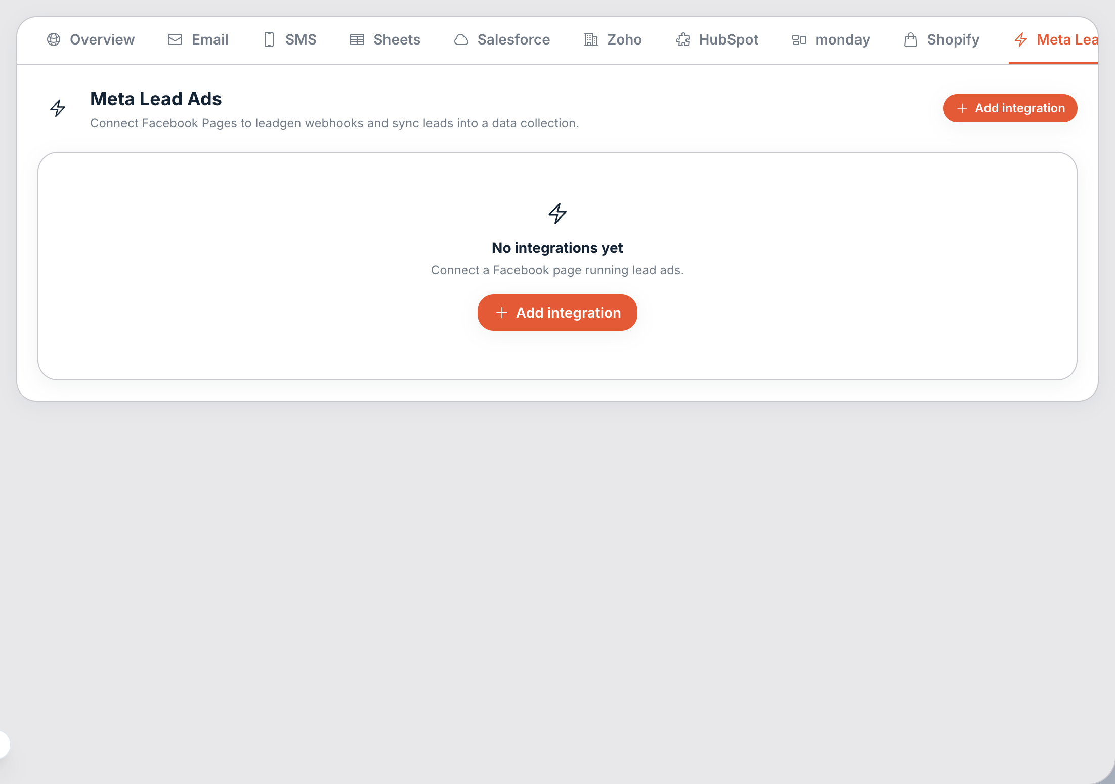 Integrations → Meta Lead Ads.