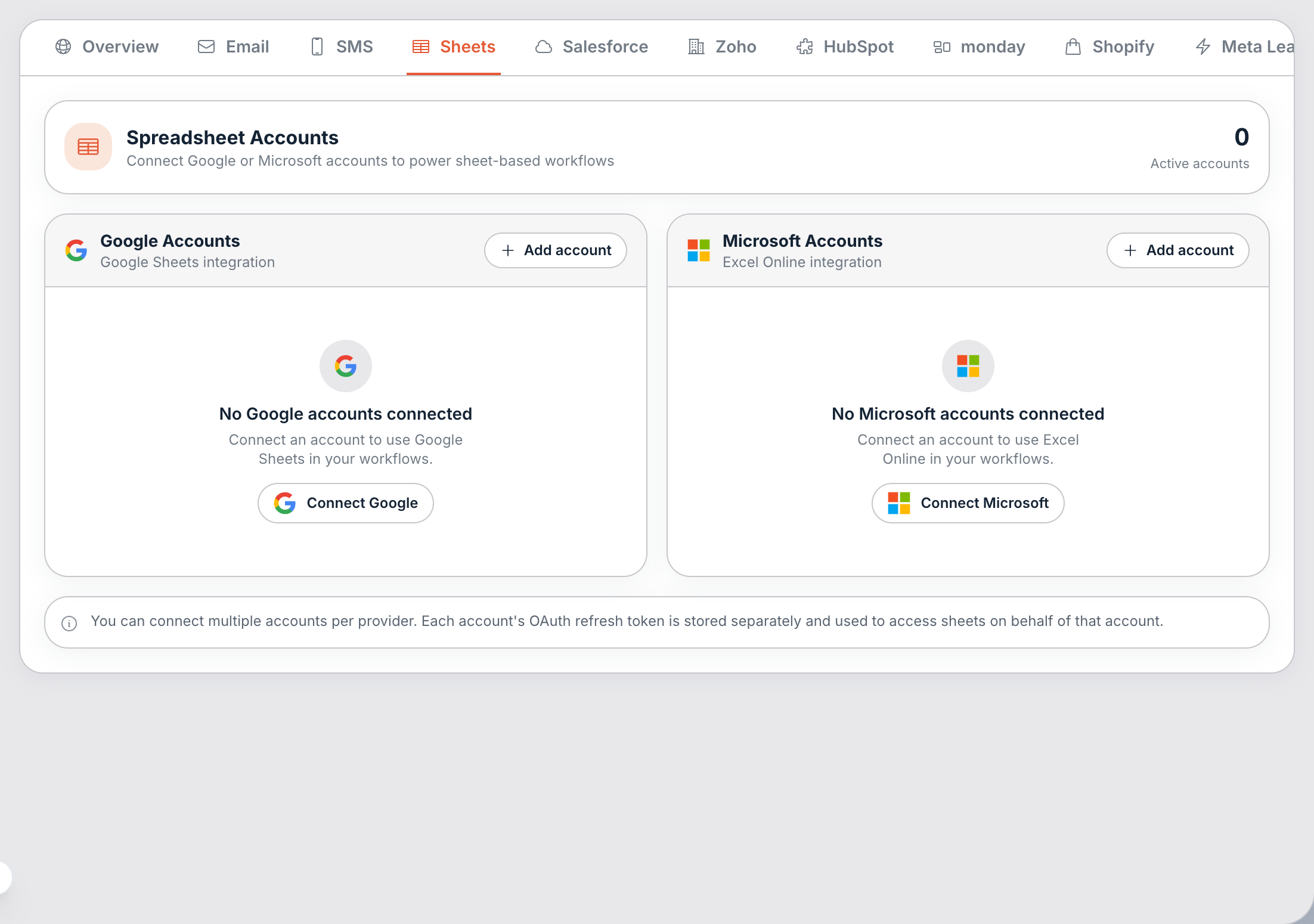 Sheets. Connect Google or Microsoft accounts once; several features use them.