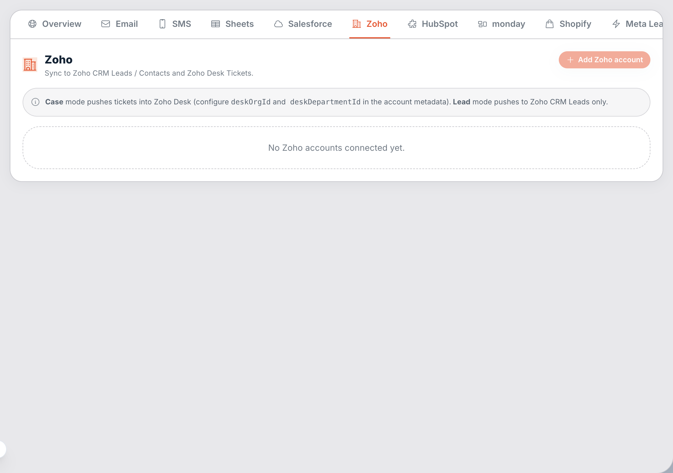 Integrations → Zoho.