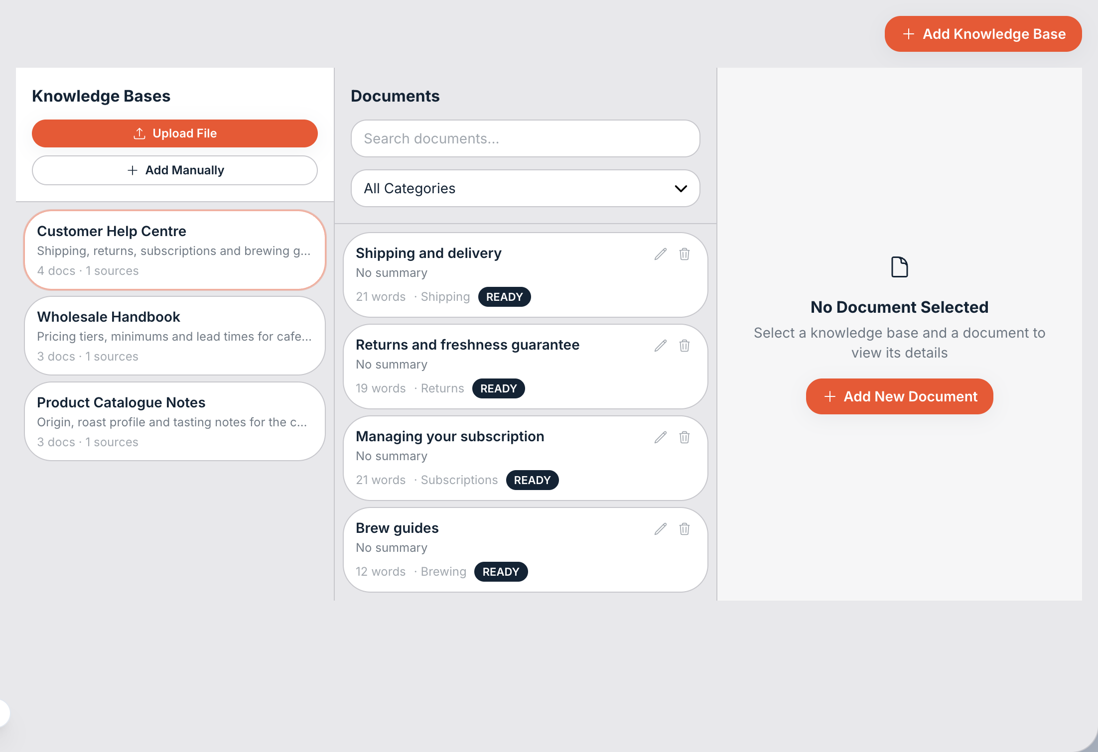 Documents. Knowledge bases, their documents, and the selected document's content.