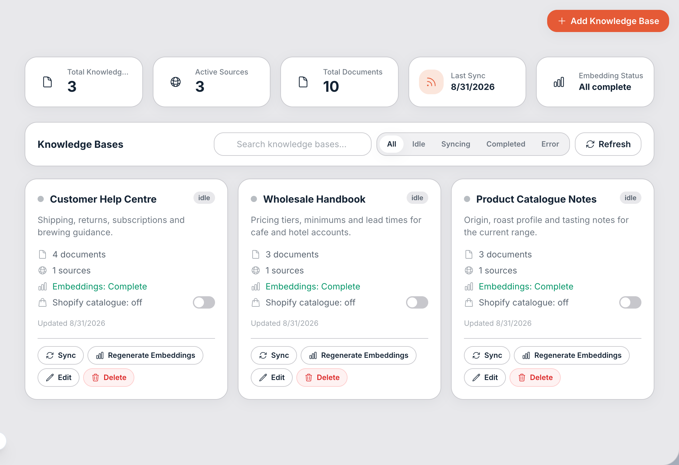 The Knowledge overview, where your knowledge bases and their sync state live.