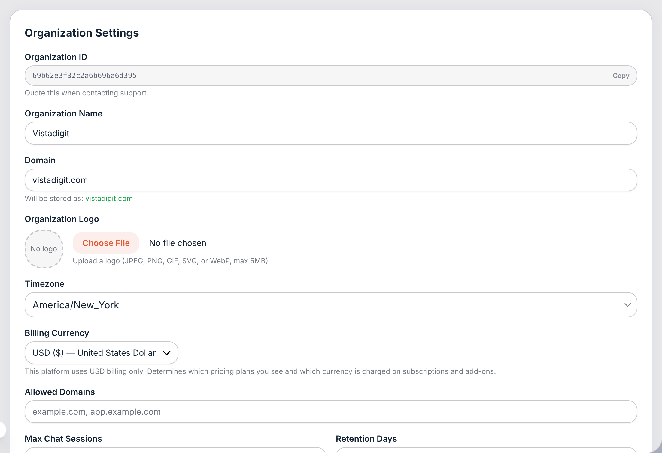 Organization settings. Name, Domain, and Timezone are the ones that matter on day one.