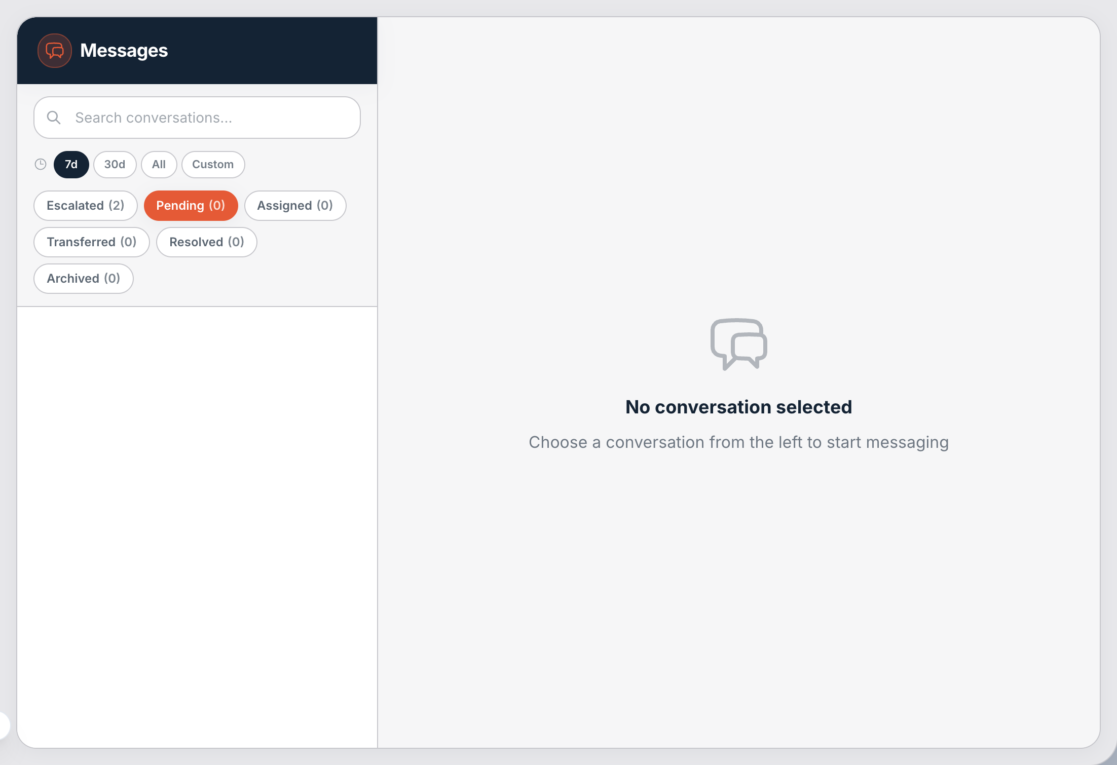 Support Chat. Status filters across the top carry live counts.